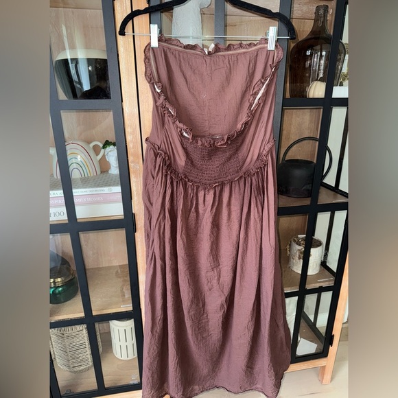 KIMCHI BLUE Ammie Strapless Midi Dress chocolate bow ruffle coquette  cottage